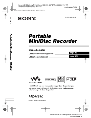 MZ N910 | Sony MZ-N910 Mode d'emploi | Fixfr