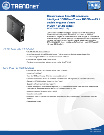 Trendnet TFC-1000S40D3 Intelligent 1000Base-T to 1000Base-LX Dual Wavelength Single Mode SC Fiber (40 km / 24.85 miles) Fiche technique | Fixfr