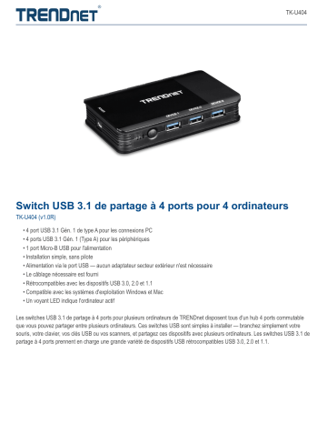 Trendnet TK-U404 4 Computer 4-Port USB 3.1 Sharing Switch Fiche technique | Fixfr