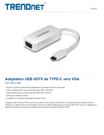 Trendnet TUC-VGA USB-C to VGA HDTV Adapter Fiche technique | Fixfr