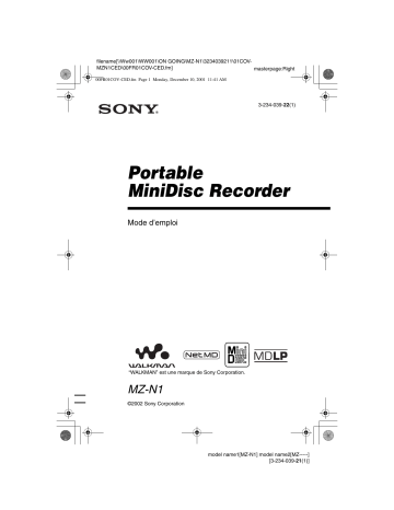 MZ-N1 | Sony MZ N1 Mode d'emploi | Fixfr