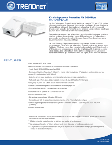 Trendnet RB-TPL-401E2K Powerline 500 AV Adapter Kit Fiche technique | Fixfr