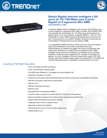 RB-TEG-424WS | Trendnet TEG-424WS 24-Port 10/100 Mbps Web Smart Switch Fiche technique | Fixfr