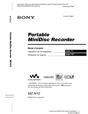 MZ-N10 | Sony MZ N10 Mode d'emploi | Fixfr