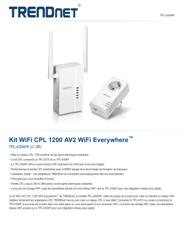 Trendnet RB-TPL-430APK WiFi Everywhere™ Powerline 1200 AV2 Wireless Kit Fiche technique | Fixfr