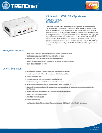 Trendnet TK-209K 2-Port USB KVM Switch Kit Fiche technique | Fixfr