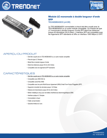 Trendnet TEG-MGBS40D3 SFP Dual Wavelength Single-Mode LC Module Fiche technique | Fixfr