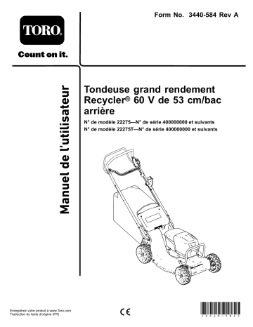 Toro 53cm Heavy-Duty 60V Recycler/Rear Bagger Lawn Mower Walk Behind Mower Manuel utilisateur | Fixfr