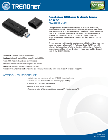 RB-TEW-805UB | Trendnet TEW-805UB AC1200 Dual Band Wireless USB Adapter Fiche technique | Fixfr