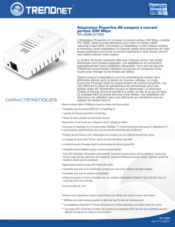 Trendnet RB-TPL-306E 200Mbps Compact Powerline AV Adapter Fiche technique | Fixfr