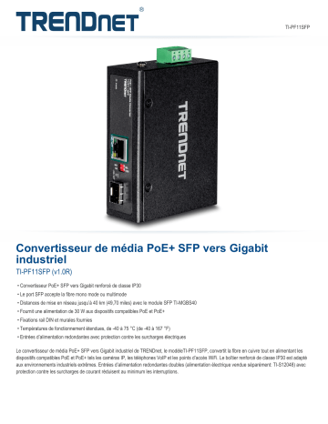 Trendnet RB-TI-PF11SFP Industrial SFP to Gigabit PoE+ Media Converter Fiche technique | Fixfr