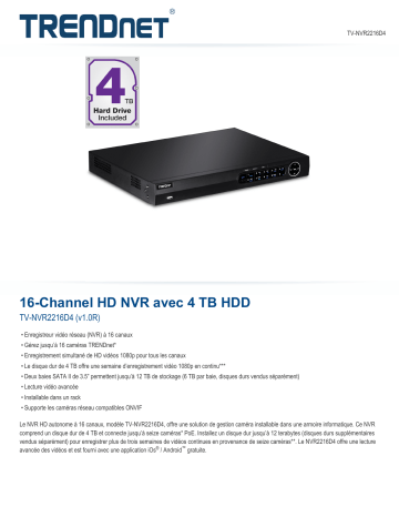 Trendnet RB-TV-NVR2216D4 16-Channel HD NVR Fiche technique | Fixfr