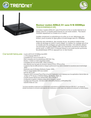 Trendnet TEW-635BRM 300Mbps Wireless N ADSL 2/2+ Modem Router Fiche technique | Fixfr