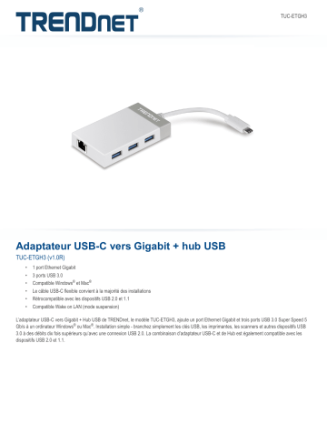 Trendnet TUC-ETGH3 USB-C to Gigabit Adapter + USB Hub Fiche technique | Fixfr