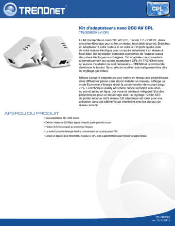 RB-TPL-308E2K | Trendnet TPL-308E2K Powerline 200 AV Nano Adapter Kit Fiche technique | Fixfr