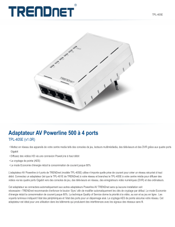 Trendnet RB-TPL-405E 4-Port Powerline 500 AV Adapter Fiche technique | Fixfr