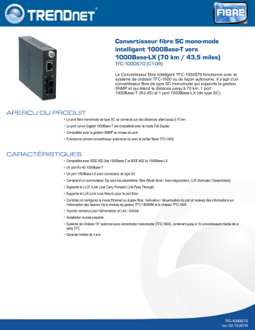 Trendnet TFC-1000S70 Intelligent 1000Base-T to 1000Base-LX Single-Mode SC Fiber Converter (70km/43.5 miles) Fiche technique | Fixfr
