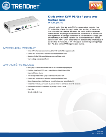 Trendnet TK-408K 4-Port PS/2 KVM Switch Kit Fiche technique | Fixfr