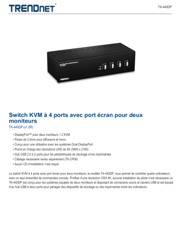 Trendnet RB-TK-440DP 4-Port Dual Monitor DisplayPort KVM Switch Fiche technique | Fixfr