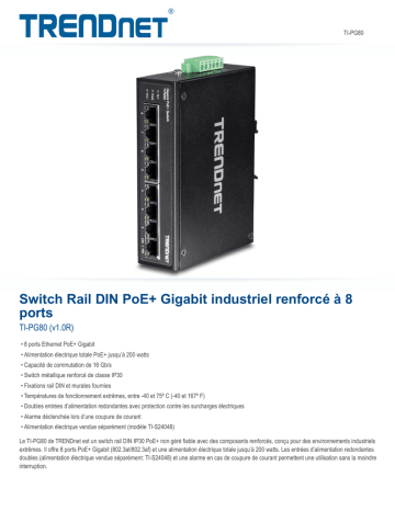 Trendnet RB-TI-PG80 8-Port Hardened Industrial Gigabit PoE+ DIN-Rail Switch Fiche technique | Fixfr