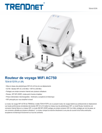 RB-TEW-817DTR | Trendnet TEW-817DTR AC750 Wireless Travel Router Fiche technique | Fixfr