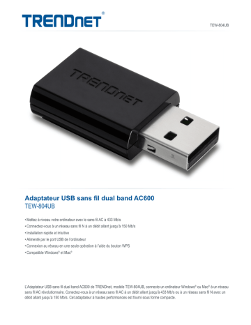 RB-TEW-804UB | Trendnet TEW-804UB AC600 Dual Band Wireless USB Adapter Fiche technique | Fixfr