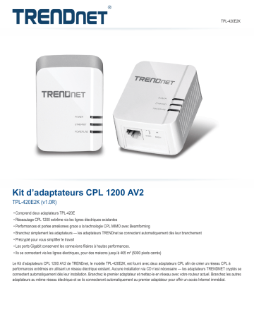 Trendnet RB-TPL-420E2K Powerline 1200 AV2 Adapter Kit Fiche technique | Fixfr