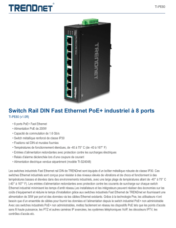 Trendnet TI-PE80 8-Port Industrial Fast Ethernet PoE+ DIN-Rail Switch Fiche technique | Fixfr