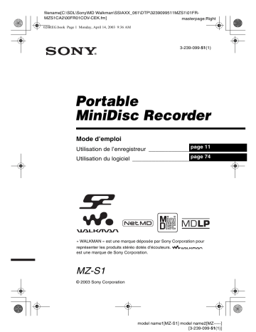 MZ S1 | Mode d'emploi | Sony MZ-S1 Manuel utilisateur | Fixfr