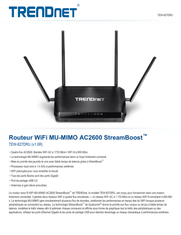 Trendnet RB-TEW-827DRU AC2600 StreamBoost™ MU-MIMO WiFi Router Fiche technique | Fixfr