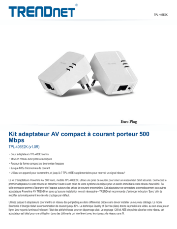 Trendnet RB-TPL-406E2K Powerline 500 AV Nano Adapter Kit Fiche technique | Fixfr