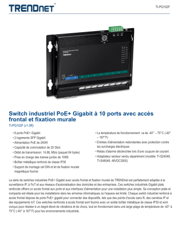 Trendnet TI-PG102F 10-Port Industrial Gigabit PoE+ Wall-Mounted Front Access Switch Fiche technique | Fixfr