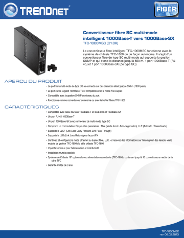 Trendnet TFC-1000MSC Intelligent 1000Base-T to 1000Base-SX Multi-Mode SC Fiber Converter Fiche technique | Fixfr