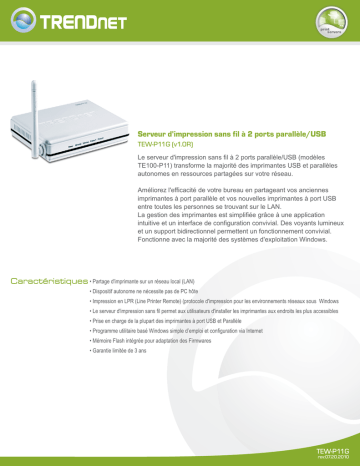 Trendnet TEW-P11G Wireless 2-Port USB/Parallel Print Server Fiche technique | Fixfr
