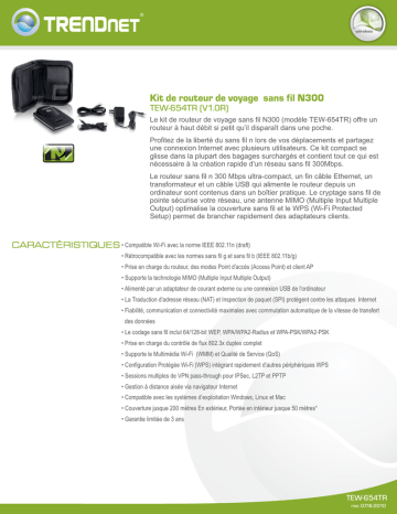 RB-TEW-654TR | Trendnet TEW-654TR N300 Wireless Travel Router Kit Fiche technique | Fixfr
