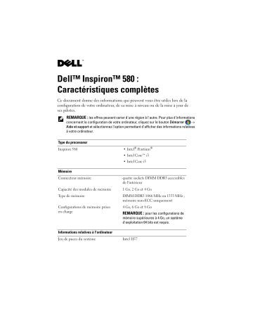 Dell Inspiron 580 desktop Manuel utilisateur | Fixfr