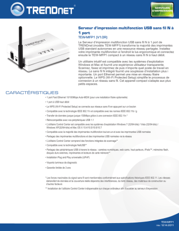 Trendnet TEW-MFP1 1-Port Wireless N Multi-Function USB Print Server Fiche technique | Fixfr