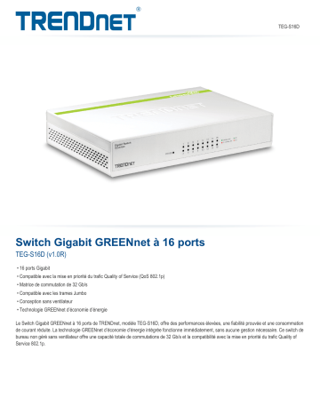 RB-TEG-S16D | Trendnet TEG-S16D 16-Port Gigabit GREENnet Switch Fiche technique | Fixfr