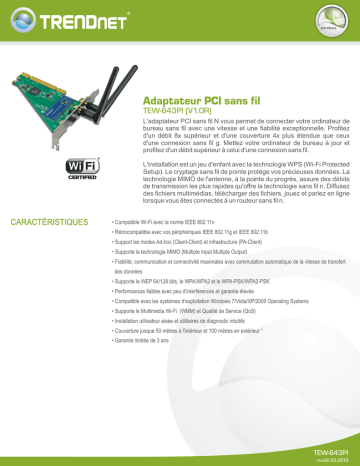 Trendnet TEW-643PI Wireless N PCI Adapter Fiche technique | Fixfr