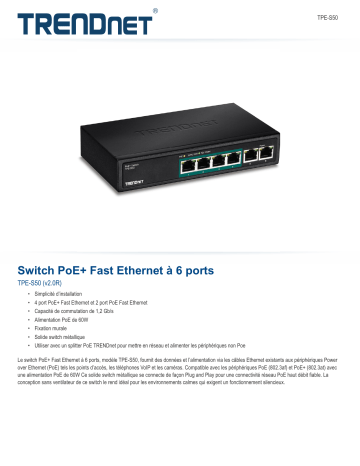 RB-TPE-S50 | Trendnet TPE-S50 6-Port Fast Ethernet PoE+ Switch Fiche technique | Fixfr