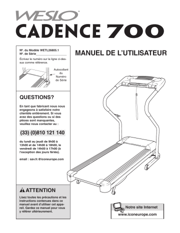 WETL26805.1 | Weslo Cadence 700 Treadmill Manuel utilisateur | Fixfr