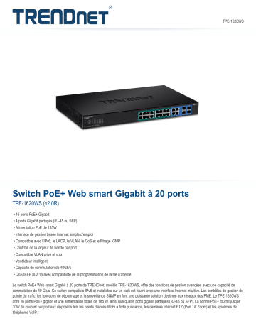 Trendnet TPE-1620WS 20-Port Gigabit Web Smart PoE+ Switch Fiche technique | Fixfr