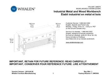 Whalen 696675 / WSWB722436W Industrial Metal and Wood Workbench  Manuel utilisateur | Fixfr
