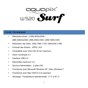 AquaPix W520 Surf | Easypix W520 Surf Mode d'emploi | Fixfr