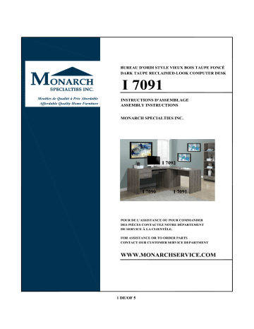 I 7091 | Monarch Specialties Dark Taupe Desk Guide d'installation | Fixfr