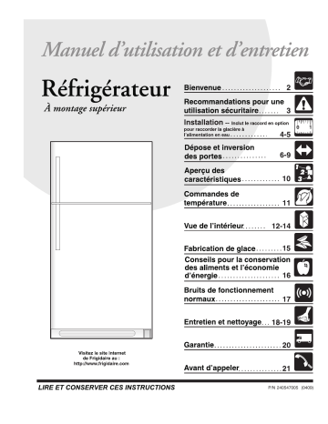 FRT18P6C | GLRT184TCQ | GLRT214TCB | GLRT185TDK | FRT21P6CSB | FRT21G3CW | FRT21G3CQ | GLRT214TCQ | Manuel du propriétaire | Frigidaire GLRT184TCW Manuel utilisateur | Fixfr