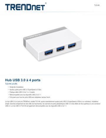 Trendnet TU3-H4 4-Port USB 3.0 Hub Fiche technique | Fixfr