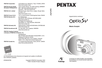 Pentax Série Optio SV Mode d'emploi | Fixfr