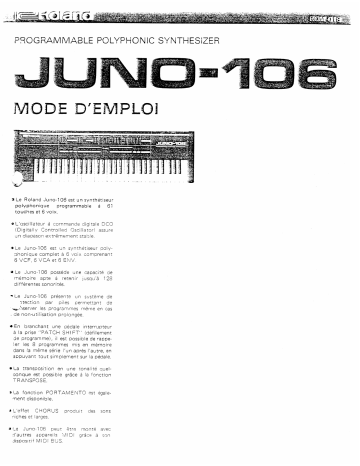 Manuel du propriétaire | Roland JUNO-106 Manuel utilisateur | Fixfr