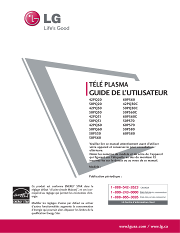 LG 42PQ20, 60PS70, 50PS60, 50PS70, 50PS60C, 50PQ20, 60PS60C, 42PQ60, 60PS60, 42PQ30 Manuel du propriétaire | Fixfr